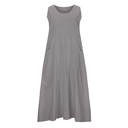 AMhomely Women's Elegant Sleeveless Cotton Linen Dress