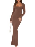 REORIA Women's Square Neck Long Sleeve Bodycon Dress