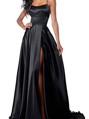 Lecureler Satin Spaghetti Strap Prom Dress