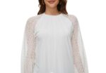 WUDODO Women's Long-Sleeved Lace Top, Round Neck, Elegant