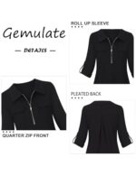 Gemulate Women's 3/4 Sleeve Floral Zip V-Neck Tunic Blouse