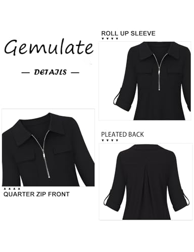 Gemulate Women's 3/4 Sleeve Floral Zip V-Neck Tunic Blouse