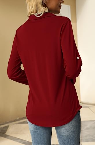 Odosalii Womens V Neck Tunic Blouse with Rolled Sleeves