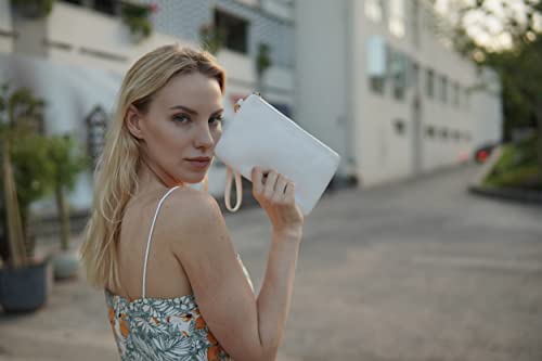 Befen White Leather Clutch, Small Wristlet Wallet, Fits 16.5 cm Phone