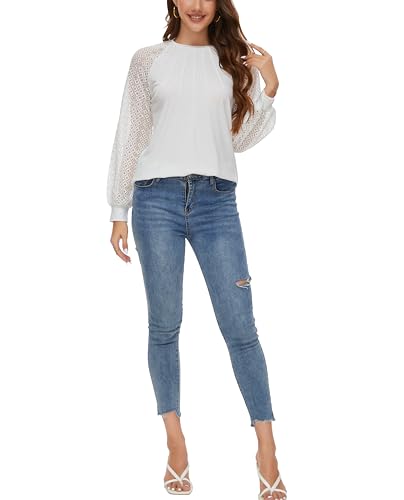 WUDODO Women's Long-Sleeved Lace Top, Round Neck, Elegant