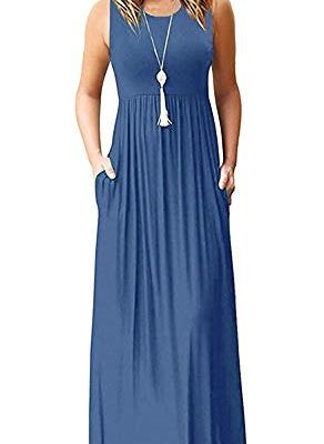 AUSELILY Women's Dark Teal Sleeveless Maxi Dress with Pockets
