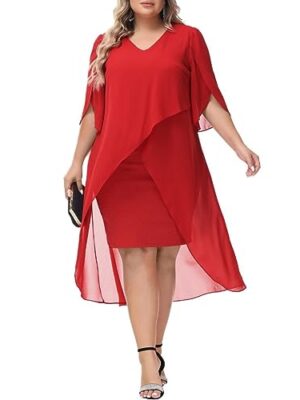 Hanna Nikole Plus Size Chiffon V-Neck Cape Dress