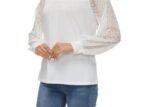 WUDODO Women's Long-Sleeved Lace Top, Round Neck, Elegant