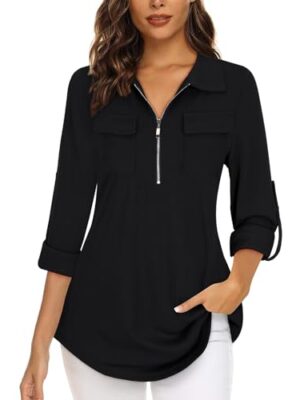 Gemulate Women's 3/4 Sleeve Floral Zip V-Neck Tunic Blouse