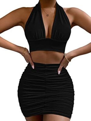Zesoyne Womens 2 Piece Ruched Cami Crop Top & Skirt Set