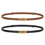 LEACOOLKEY 2 Pack Women Skinny Leather Belts with Gold Buckle