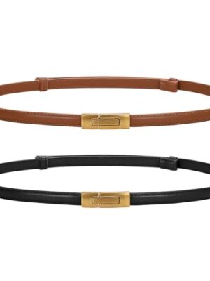 LEACOOLKEY 2 Pack Women Skinny Leather Belts with Gold Buckle