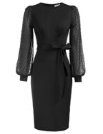 JASAMBAC Women's Bodycon Dress with Belt, Swiss Dot Sleeves