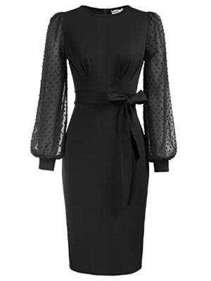 JASAMBAC Women's Bodycon Dress with Belt, Swiss Dot Sleeves