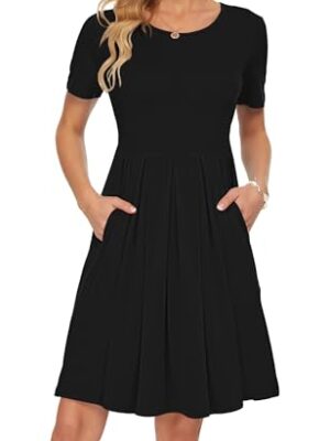 AUSELILY Women's Short Sleeve Pleated Casual Dress, Knee Length