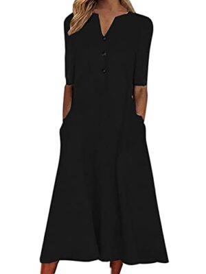 AMhomely Summer V-Neck Button Dress with Pockets