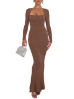 REORIA Women's Square Neck Long Sleeve Bodycon Dress