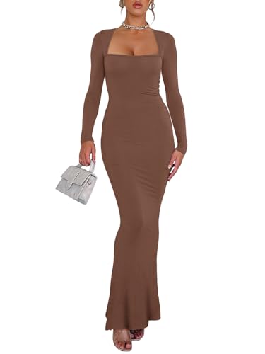 REORIA Women's Square Neck Long Sleeve Bodycon Dress