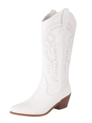 COOLCEPT Embroidered Mid Calf Cowboy Boots