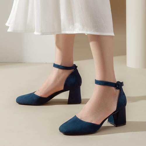 Greatonu Women's Block Heels Square Toe Ankle Strap Shoes