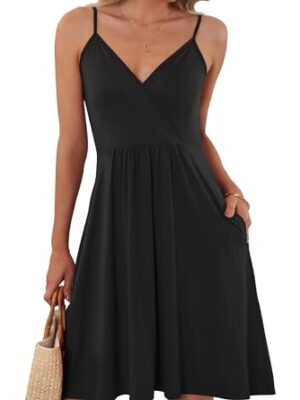 AUSELILY Summer V Neck Spaghetti Strap Dress with Pockets