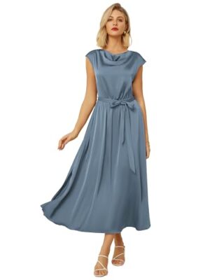 GRACE KARIN Women's Cowl Neck Belted Midi Dress