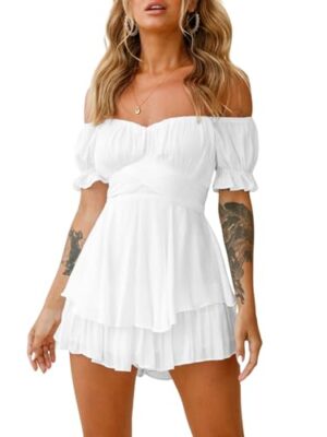Women Puff Sleeve Square Neck Off Shoulder Romper