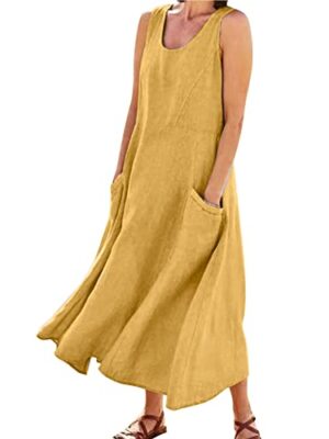 Skang Women's Cotton Linen Maxi Dress with Pockets