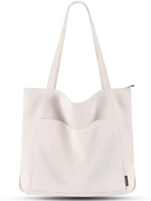 Prite Corduroy Tote Bag for Women with Zipper-Beige
