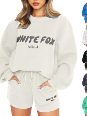 JSijepa Womens Oversized Sweatsuits White-Fox Print Set