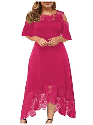 AMhomely Plus Size Lace Cold Shoulder Maxi Dress