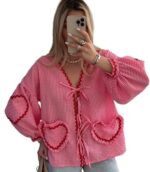 0XBIT Gingham Babydoll Bow Tie Front Top, Long Sleeve