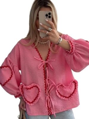 0XBIT Gingham Babydoll Bow Tie Front Top, Long Sleeve