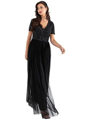 Maya Deluxe Plus Size Sequined Evening Dress, Short Sleeve