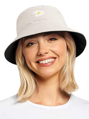 Daisy Embroidery Reversible Cotton Bucket Hat - Women