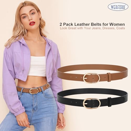 WERFORU Women's Leather Belt with Gold Buckle