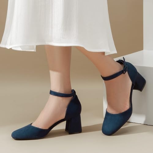 Greatonu Women's Block Heels Square Toe Ankle Strap Shoes