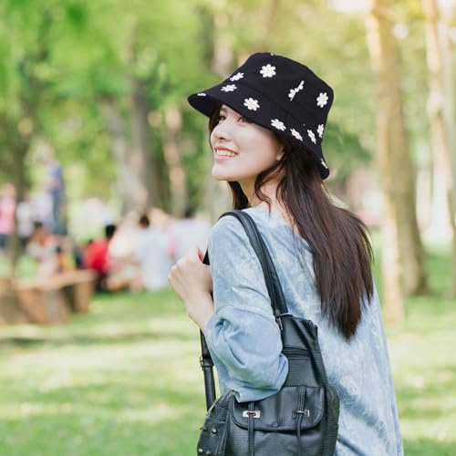 2 Pcs Reversible Cotton Bucket Hat, Daisies Print, Black/Green