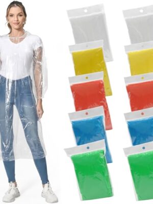 10-Pack Disposable Rain Ponchos with Hood, Transparent