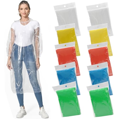 10-Pack Disposable Rain Ponchos with Hood, Transparent
