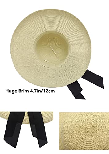 Qchomee Women Wide Brim Straw Hat with Bow, Beige