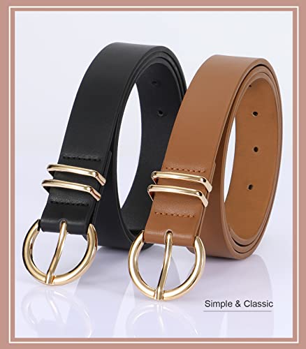 JASGOOD Women's Leather Belts, Gold Buckle, 2 Pack