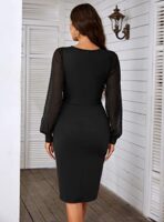 JASAMBAC Women's Bodycon Dress with Belt, Swiss Dot Sleeves