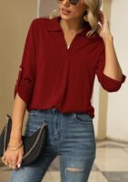Odosalii Womens V Neck Tunic Blouse with Rolled Sleeves