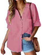 HOTOUCH Women Cotton Long Sleeve V-Neck Blouse S-XXL