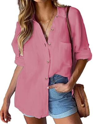 HOTOUCH Women Cotton Long Sleeve V-Neck Blouse S-XXL