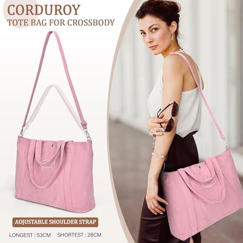 Cidumoa Pink Corduroy Tote Bag with Zipper, Large Capacity