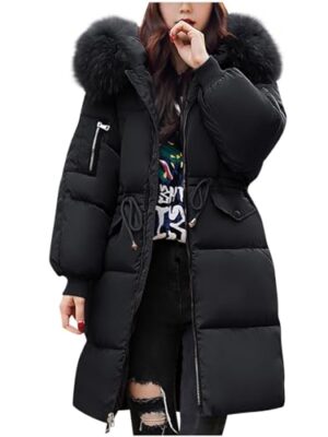 Women's Mid-length Down Puffer Coat with Fur Hood, UK 10-18