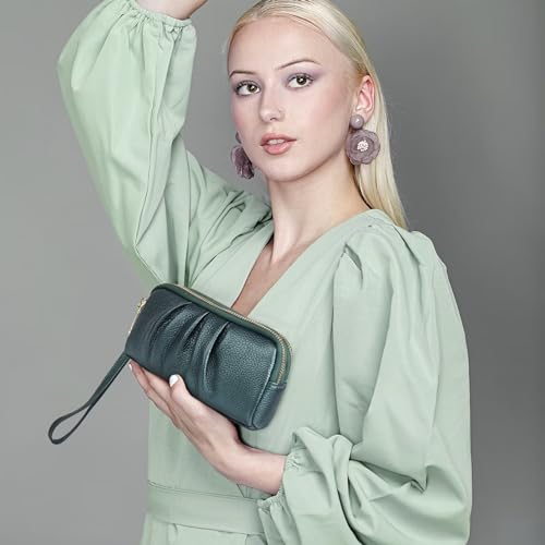 Genuine Leather Ruched Wristlet Wallet with Strap