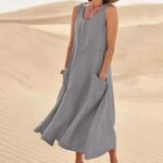 AMhomely Women's Elegant Sleeveless Cotton Linen Dress